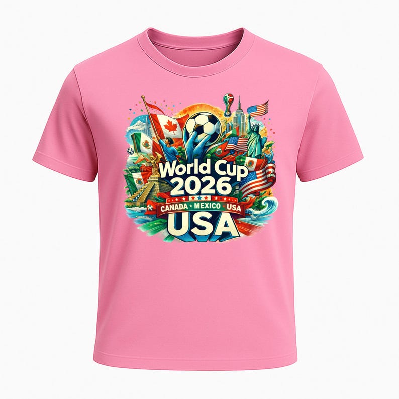 Puede incluir: Camiseta rosa con un dise&ntilde;o gr&aacute;fico colorido para la Copa del Mundo de 2026. El dise&ntilde;o incluye un bal&oacute;n de f&uacute;tbol, las banderas de Canad&aacute;, M&eacute;xico y EE. UU., y la Estatua de la Libertad.