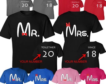 Mr and Mrs Couple Matching Shirts Hubby Wifey His Hers Husband  Wife Customized  Together Since Year on Back Comes as a Set (2 shirts)