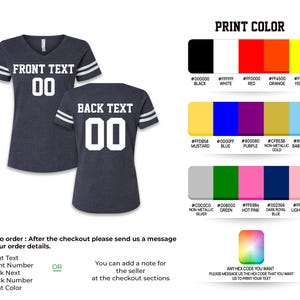 May include: Navy blue v-neck t-shirt with white stripes on the sleeves. The front of the shirt displays "FRONT TEXT" above the number "00" in white. The back of the shirt shows "BACK TEXT" above the number "00". Print color options are shown.