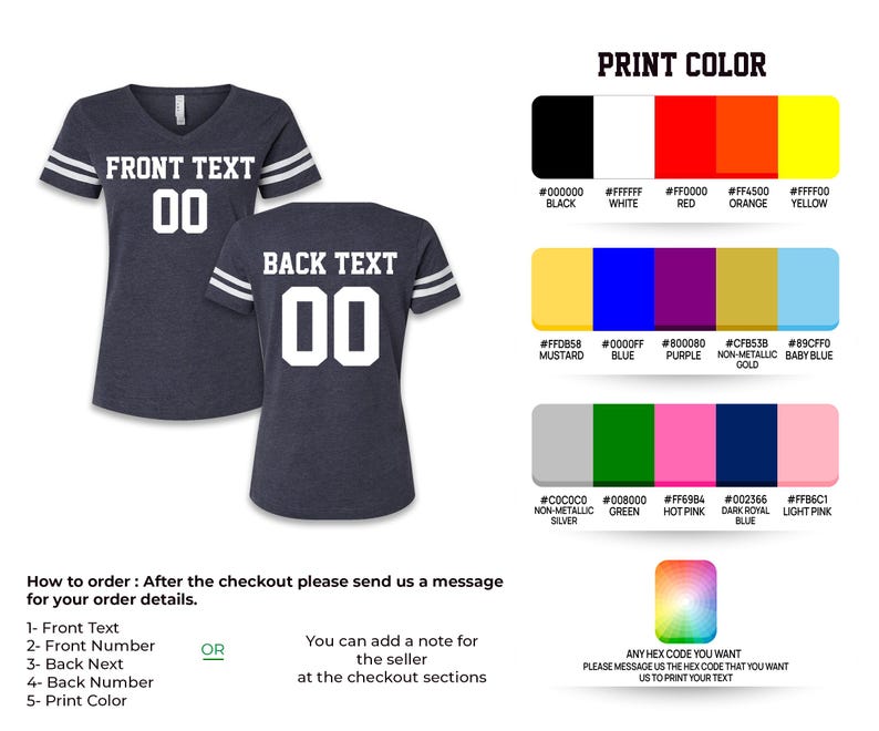 May include: Navy blue v-neck t-shirt with white stripes on the sleeves. The front of the shirt displays "FRONT TEXT" above the number "00" in white. The back of the shirt shows "BACK TEXT" above the number "00". Print color options are shown.