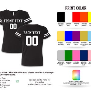 May include: Black v-neck t-shirts with white stripes on the sleeves. The front of the shirt reads "FRONT TEXT" and "00". The back reads "BACK TEXT" and "00". A color chart shows print color options.