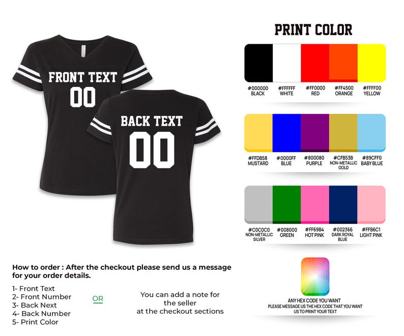 May include: Black v-neck t-shirts with white stripes on the sleeves. The front of the shirt reads "FRONT TEXT" and "00". The back reads "BACK TEXT" and "00". A color chart shows print color options.