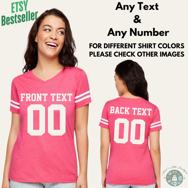May include: Pink v-neck t-shirts with white stripes on the sleeves and the text "FRONT TEXT" and "BACK TEXT" with the number "00". The image also includes the text "Any Text & Any Number" and "FOR DIFFERENT SHIRT COLORS PLEASE CHECK OTHER IMAGES".