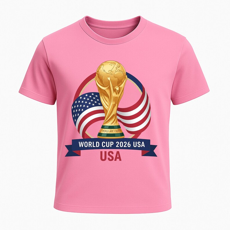May include: Pink t-shirt featuring a gold trophy, the American flag, and the text "WORLD CUP 2026 USA". The design includes a blue banner with white text. The shirt is a short-sleeved crew neck.