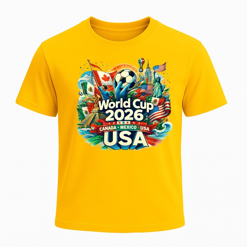 Puede incluir: Una camiseta amarilla con un dise&ntilde;o gr&aacute;fico colorido para la Copa Mundial de 2026, organizada por Canad&aacute;, M&eacute;xico y EE. UU. El dise&ntilde;o incluye un bal&oacute;n de f&uacute;tbol, banderas y monumentos.