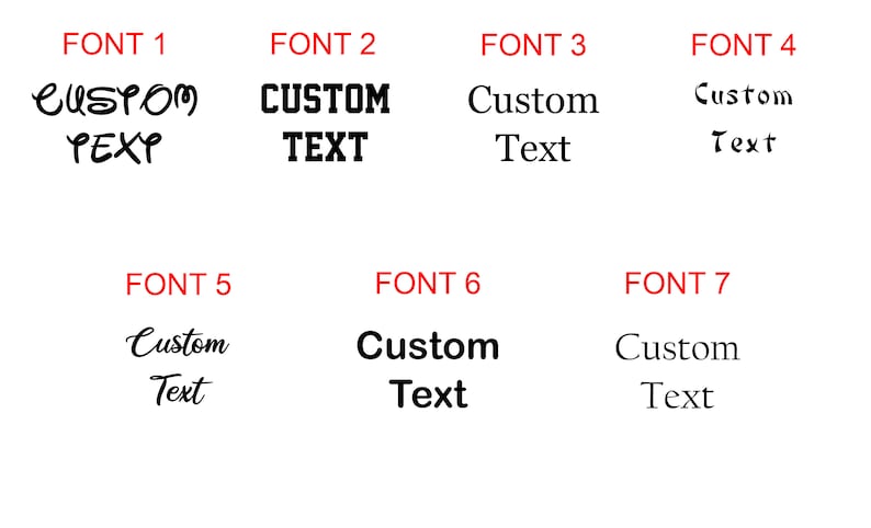 May include: A comparison of seven different fonts, each displaying the text "Custom Text". The fonts range from a casual script to a bold, blocky style.