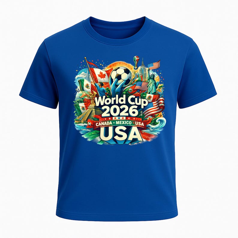Puede incluir: Una camiseta azul real con un gr&aacute;fico colorido para la Copa del Mundo 2026, organizada por Canad&aacute;, M&eacute;xico y EE. UU. El dise&ntilde;o incluye un bal&oacute;n de f&uacute;tbol, banderas y monumentos.