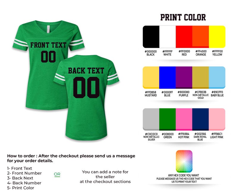 May include: Green v-neck t-shirts with white stripes on the sleeves. The front of the shirt says "FRONT TEXT" and "00". The back of the shirt says "BACK TEXT" and "00". A print color chart is also shown.