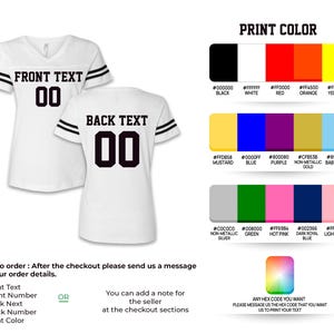 May include: White v-neck jersey with black stripes on the sleeves. The front of the jersey reads "FRONT TEXT" above the number "00". The back of the jersey reads "BACK TEXT" above the number "00". A color chart is included.
