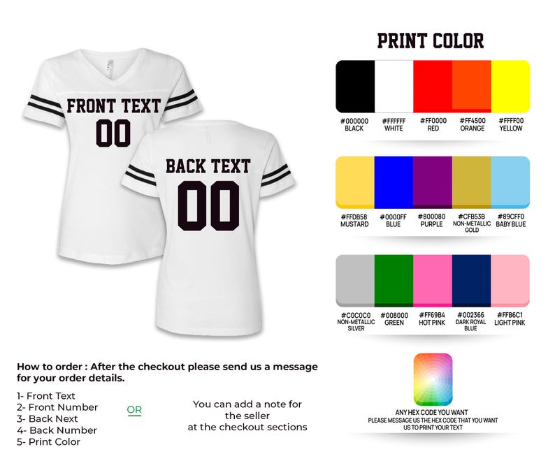 May include: White v-neck jersey with black stripes on the sleeves. The front of the jersey reads "FRONT TEXT" above the number "00". The back of the jersey reads "BACK TEXT" above the number "00". A color chart is included.