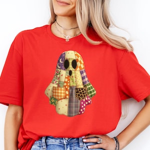 Patchwork Ghost Shirt, Colorful Quilt Ghost Tee, Vintage Halloween Ghost Top, Cute Retro Patch Ghost Shirt, Fall Quilt Ghost Tee