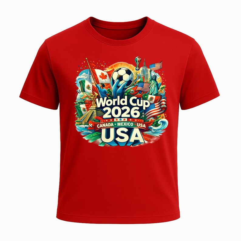 Puede incluir: Camiseta roja con un gr&aacute;fico colorido para la Copa del Mundo 2026, organizada por Canad&aacute;, M&eacute;xico y EE. UU. El dise&ntilde;o incluye un bal&oacute;n de f&uacute;tbol, banderas y monumentos de los tres pa&iacute;ses. El texto "World Cup 2026" y "USA" se muestran de forma destacada.