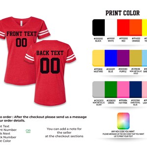 May include: Red V-neck jersey with white stripes on the sleeves. The front and back display the number "00" in black. The image also shows a print color chart with various color options.
