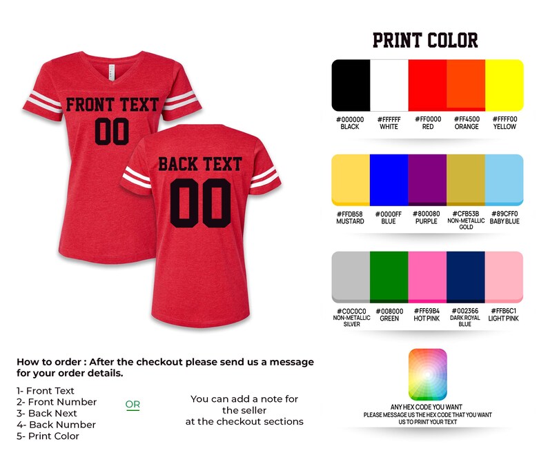 May include: Red V-neck jersey with white stripes on the sleeves. The front and back display the number "00" in black. The image also shows a print color chart with various color options.