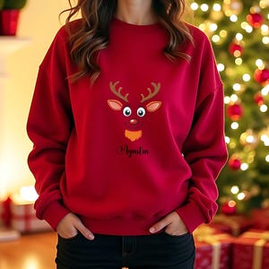 Personalized Reindeer T Shirt, Agustin Christmas Shirt, Cute Reindeer Face, Holiday Apparel, Xmas Tee, Name T Shirt, Festive Gift