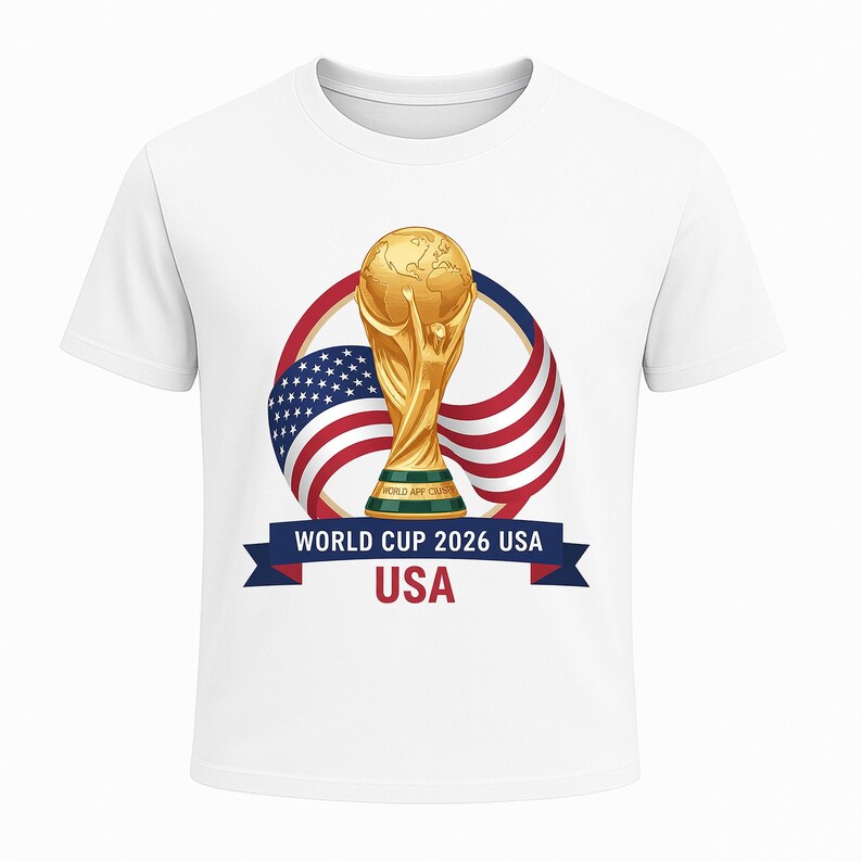 May include: White t-shirt featuring a gold trophy, the USA flag, and the text "WORLD CUP 2026 USA". The trophy is centered above a blue banner with white text. The design includes red, white, and blue colors.