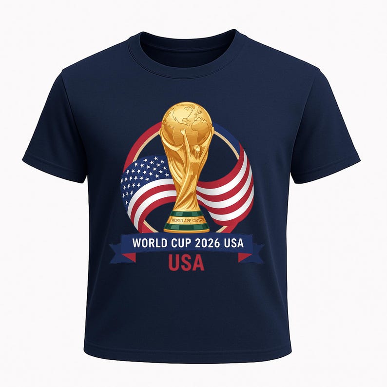 May include: Navy blue t-shirt featuring a gold trophy, the American flag, and the text "WORLD CUP 2026 USA". The design includes a ribbon with the word "USA" in red.