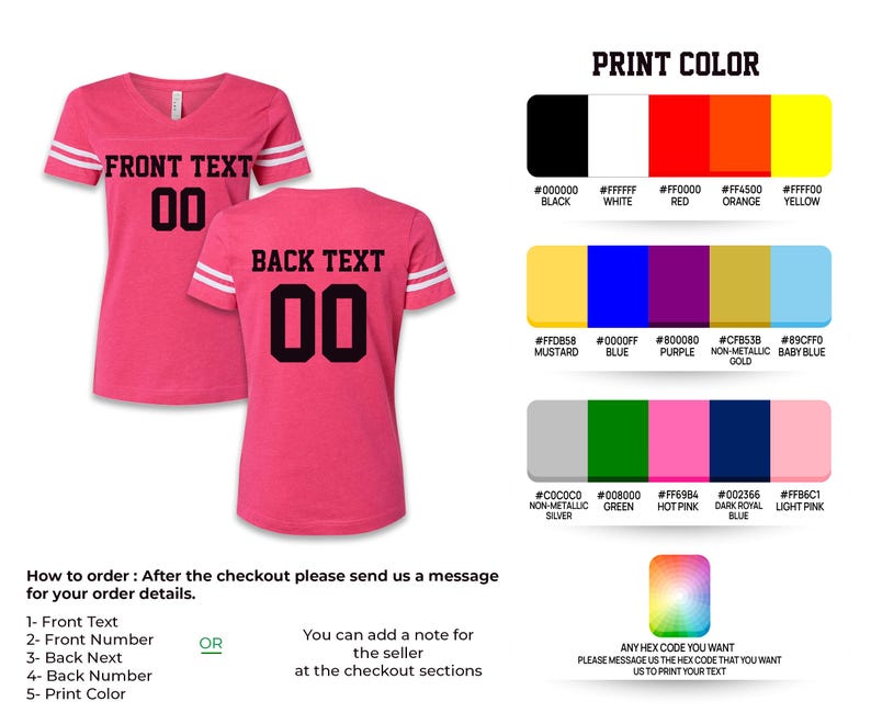 May include: Pink v-neck t-shirts with white stripes on the sleeves. The front of the shirt says "FRONT TEXT" and the number "00" in black. The back of the shirt says "BACK TEXT" and the number "00" in black. Print color options are shown.