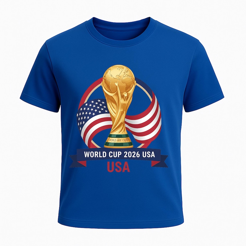 May include: Blue t-shirt featuring a gold trophy, the American flag, and text that reads "WORLD CUP 2026 USA." The shirt is a short-sleeved crew neck.