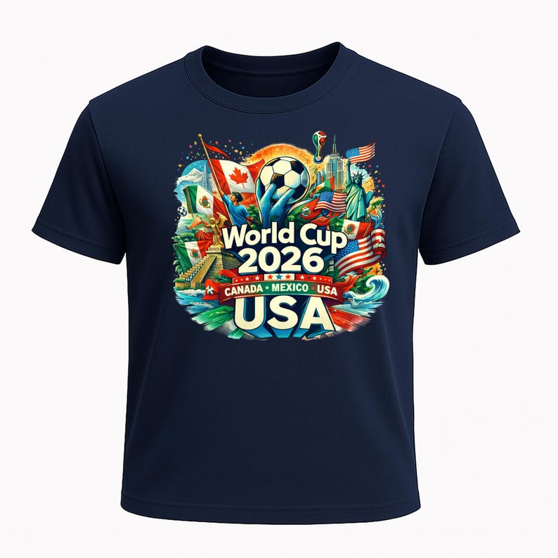 Puede incluir: Camiseta azul marino con un gr&aacute;fico colorido para la Copa del Mundo 2026, con el texto "World Cup 2026" y "Canada Mexico USA". El dise&ntilde;o incluye un bal&oacute;n de f&uacute;tbol, banderas y monumentos.