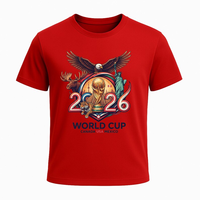 May include: Red t-shirt featuring a graphic for the 2026 World Cup. The design includes an eagle, moose, tiger, Statue of Liberty, and the World Cup trophy. The text "WORLD CUP CANADA USA MEXICO" is printed below the graphic.