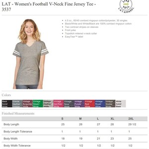 May include: A heather gray women's football jersey tee with a V-neck and white stripes on the sleeves. The shirt has the text "LAT - Women's Football V-Neck Fine Jersey Tee - 3537" at the top. The shirt is available in multiple sizes.