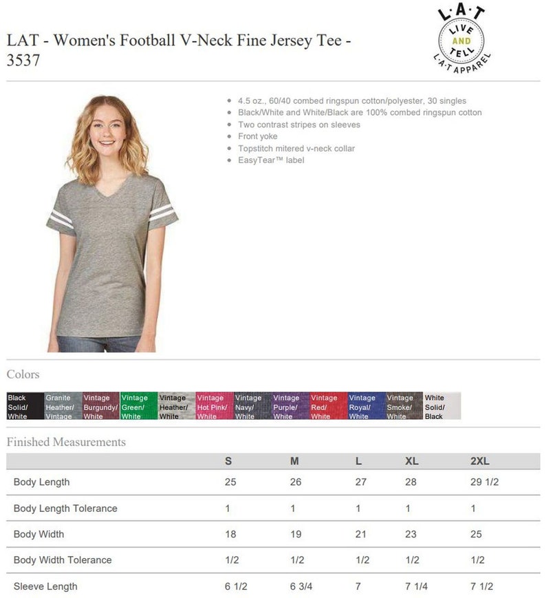 May include: A heather gray women's football jersey tee with a V-neck and white stripes on the sleeves. The shirt has the text "LAT - Women's Football V-Neck Fine Jersey Tee - 3537" at the top. The shirt is available in multiple sizes.
