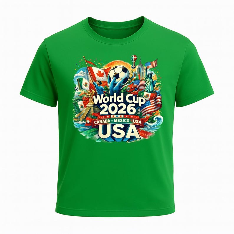 Puede incluir: Camiseta verde con un gr&aacute;fico colorido para la Copa del Mundo 2026. El dise&ntilde;o incluye un bal&oacute;n de f&uacute;tbol, banderas de Canad&aacute;, M&eacute;xico y EE. UU., y la Estatua de la Libertad. El texto "World Cup 2026" y "USA" se muestran.