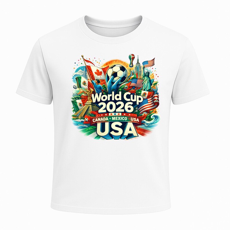 Puede incluir: Camiseta blanca con un gr&aacute;fico colorido para la Copa Mundial de 2026. El dise&ntilde;o incluye un bal&oacute;n de f&uacute;tbol, banderas de Canad&aacute;, M&eacute;xico y EE. UU., y el texto "World Cup 2026 CANADA MEXICO USA".