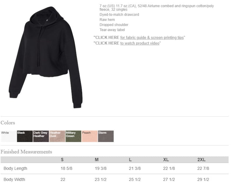 May include: Black cropped hoodie with a drawstring. The hoodie has a tear-away label and a dropped shoulder. The size chart shows measurements in inches.