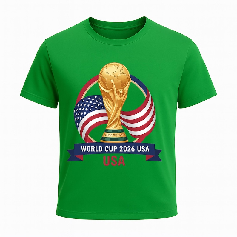 May include: Green t-shirt featuring a gold trophy, the USA flag, and text that reads "WORLD CUP 2026 USA". The design includes a blue banner with white text and a red, white, and blue design.