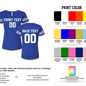 May include: Royal blue v-neck jersey with white stripes on the sleeves. The front displays "FRONT TEXT" above the number "00", and the back shows "BACK TEXT" above "00". A color chart with hex codes is also included.