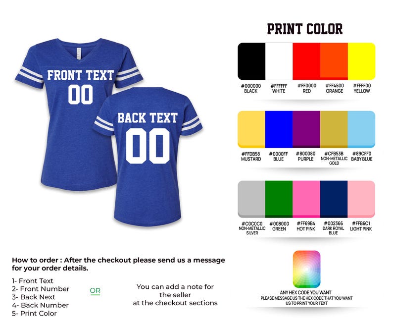 May include: Royal blue v-neck jersey with white stripes on the sleeves. The front displays "FRONT TEXT" above the number "00", and the back shows "BACK TEXT" above "00". A color chart with hex codes is also included.