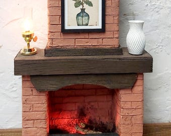 Doll house miniature red brick fireplace 1/12th scale