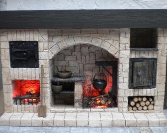 Dollhouse Miniature Fireplace, 1:12 Scale, Tudor Colonial Medieval Cooking