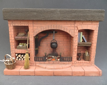 Terracotta Brick Dollhouse Fireplace, 1/12 Scale Miniature