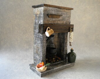 DollHouse Kitchen Fireplace Stone Cottage Cooking Puppenhaus Kamin dukkehus peis casa de muñecas chimenea maison de poupées cheminée