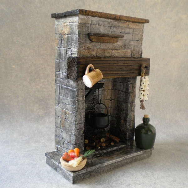 DollHouse Kitchen Fireplace Stone Cottage Cooking Puppenhaus Kamin dukkehus peis casa de muñecas chimenea maison de poupées cheminée