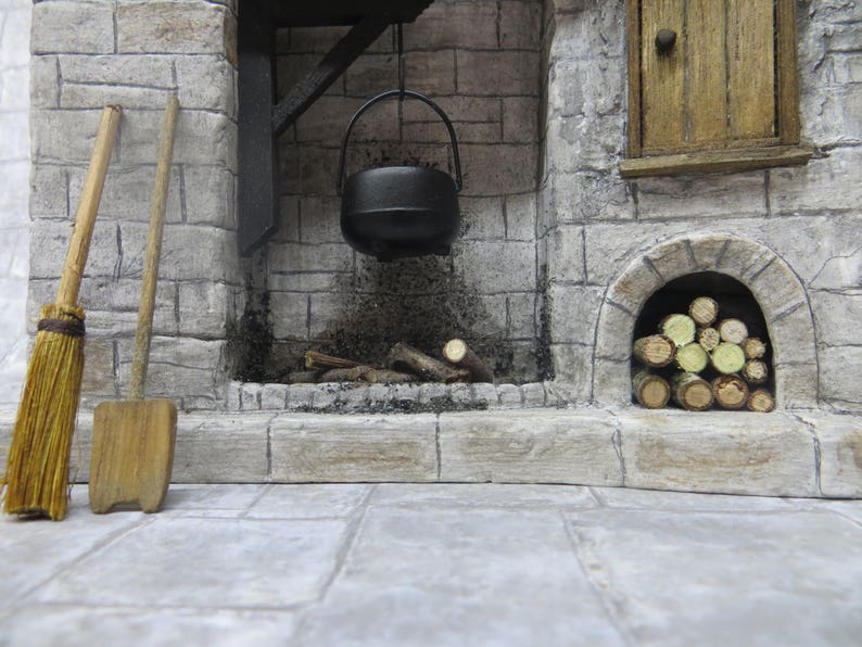 DollsHouse Fireplace, Miniature Fireplace Grey Stone Cottage Medieval Tudor Old Kitchen Fireplace Accessory One inch Scale 1:12 scale image 4