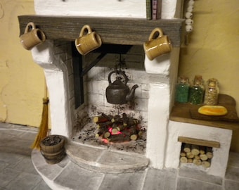 DollHouse Miniature Fireplace -  Medieval Cottage Tudor Fireplace 1:12th Kitchen Cooking
