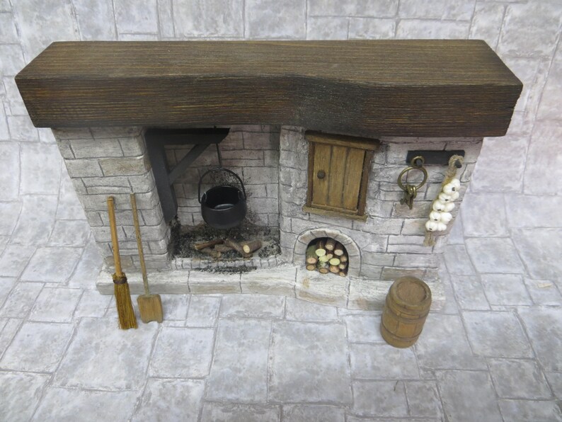 DollsHouse Fireplace, Miniature Fireplace Grey Stone Cottage Medieval Tudor Old Kitchen Fireplace Accessory One inch Scale 1:12 scale image 3