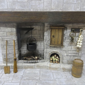 DollsHouse Fireplace, Miniature Fireplace Grey Stone Cottage Medieval Tudor Old Kitchen Fireplace Accessory One inch Scale 1:12 scale image 1