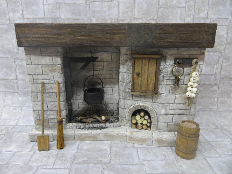 DollsHouse Fireplace, Miniature Fireplace Grey Stone Cottage Medieval Tudor Old Kitchen Fireplace Accessory One inch Scale 1:12 scale image 1