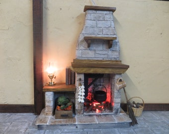 Dolls House Fireplace - FieldStone Kitchen Cooking Fire Miniature Puppenhaus Küche One inch Kitchen Fireplace