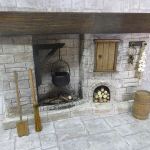 DollsHouse Fireplace, Miniature Fireplace Grey Stone Cottage Medieval Tudor Old Kitchen Fireplace Accessory One inch Scale 1:12 scale image 2