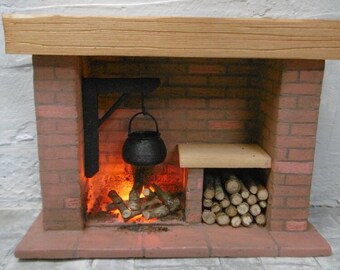 DollHouse Miniature Kitchen Fireplace Colonial, Tudor, Medieval, Dollshouse Cooking, Cottage Miniature Fireplace one inch miniature