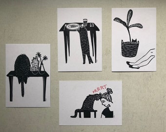 Set of 4 linocut cat postcards