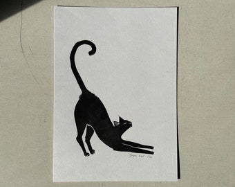 Cat yoga - Original linocut print