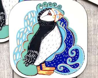 Puffin Bird Coaster, Colorful Sea Inspired Pattern