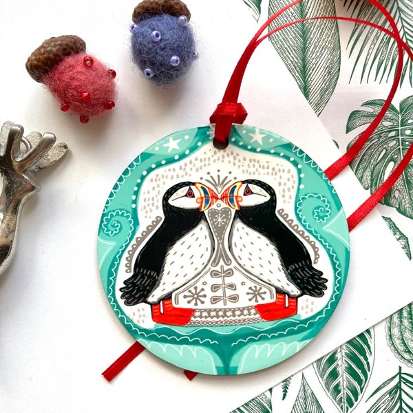 Puffin Decoration, Kissing Puffins, Scandi Puffins Hanging Decoration, Christmas Tree Decoration, Puffin Lover, Quirky Home Decor.